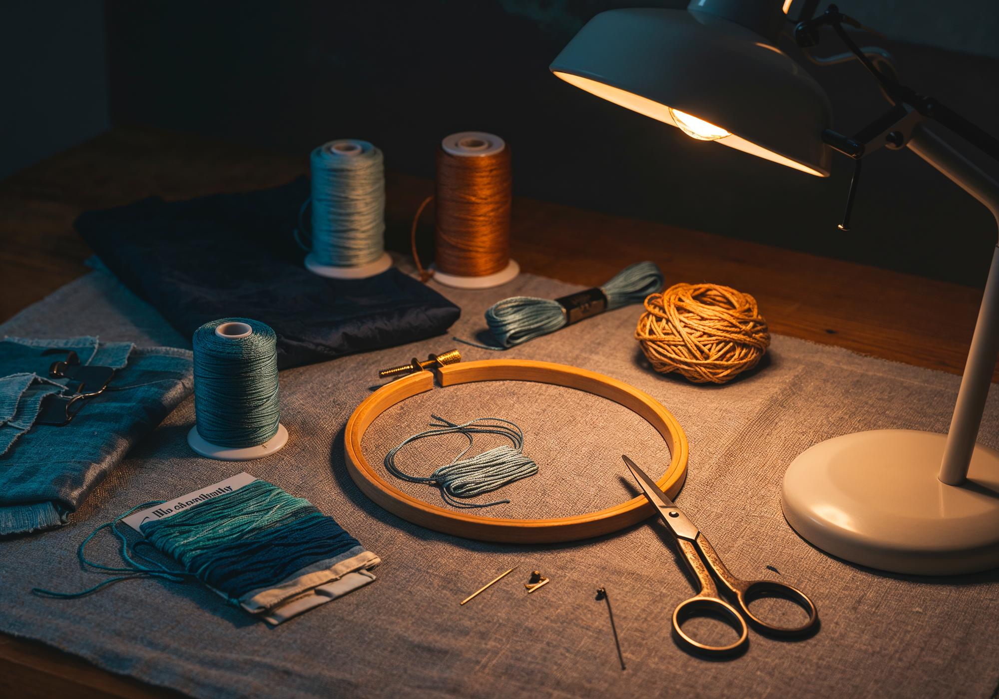 Workshop table with threads, hoops and sketches
