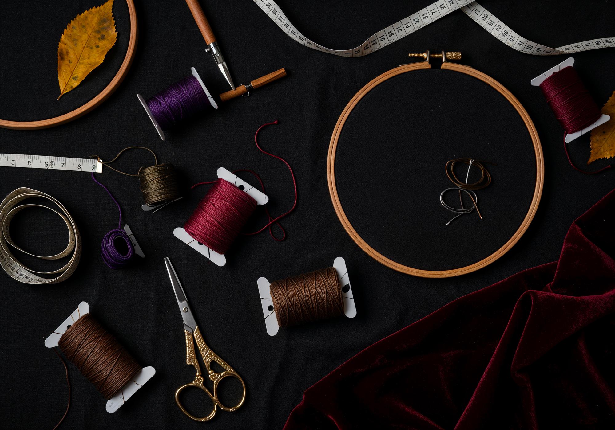 Selection of threads and trims on dark table