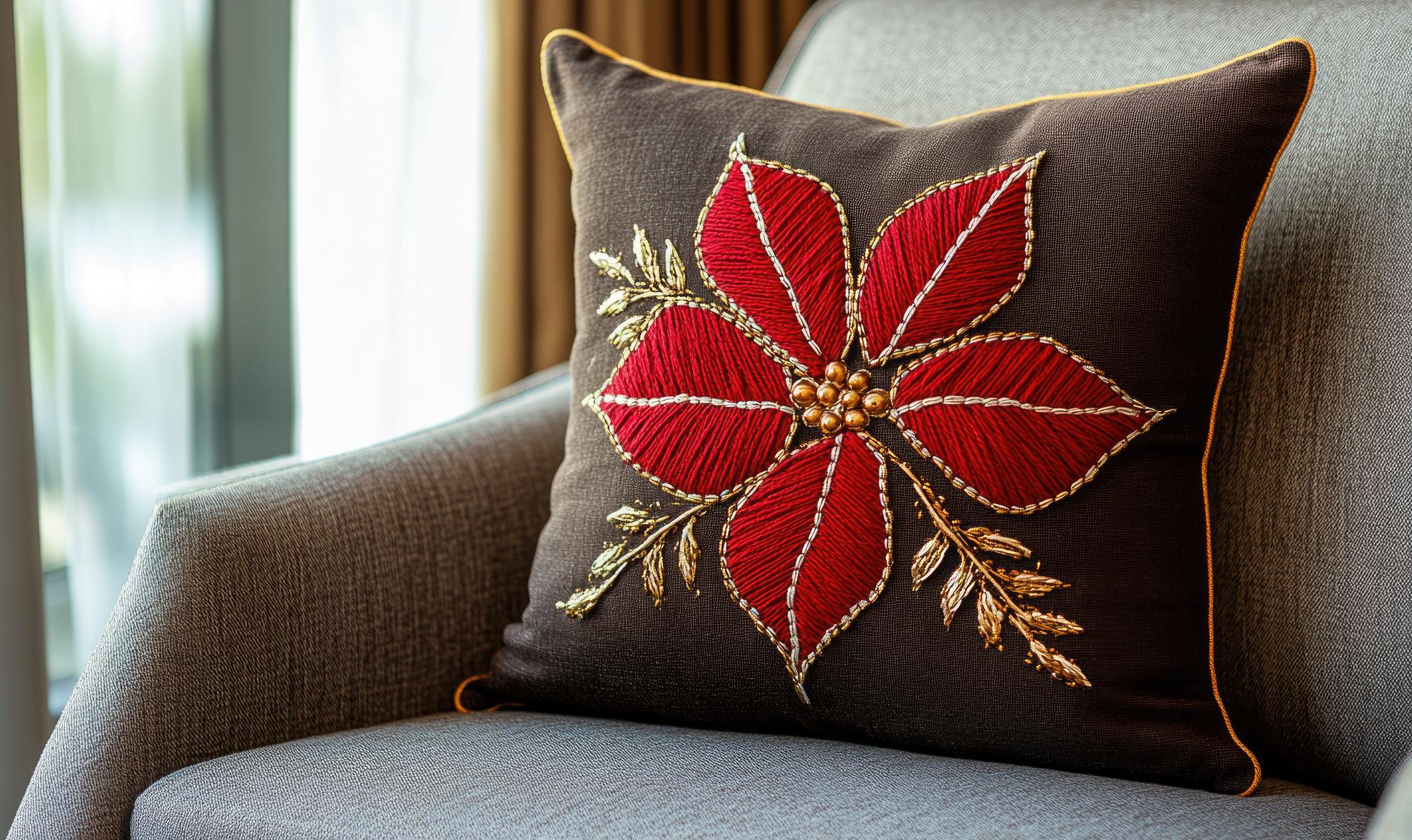 Decorative embroidered cushion in a living room
