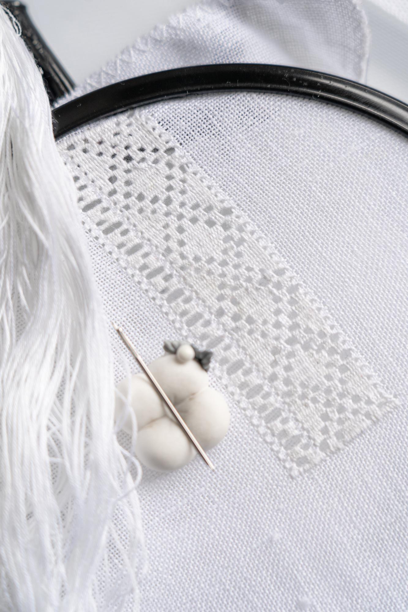 Finished floral embroidery on train of wedding dress