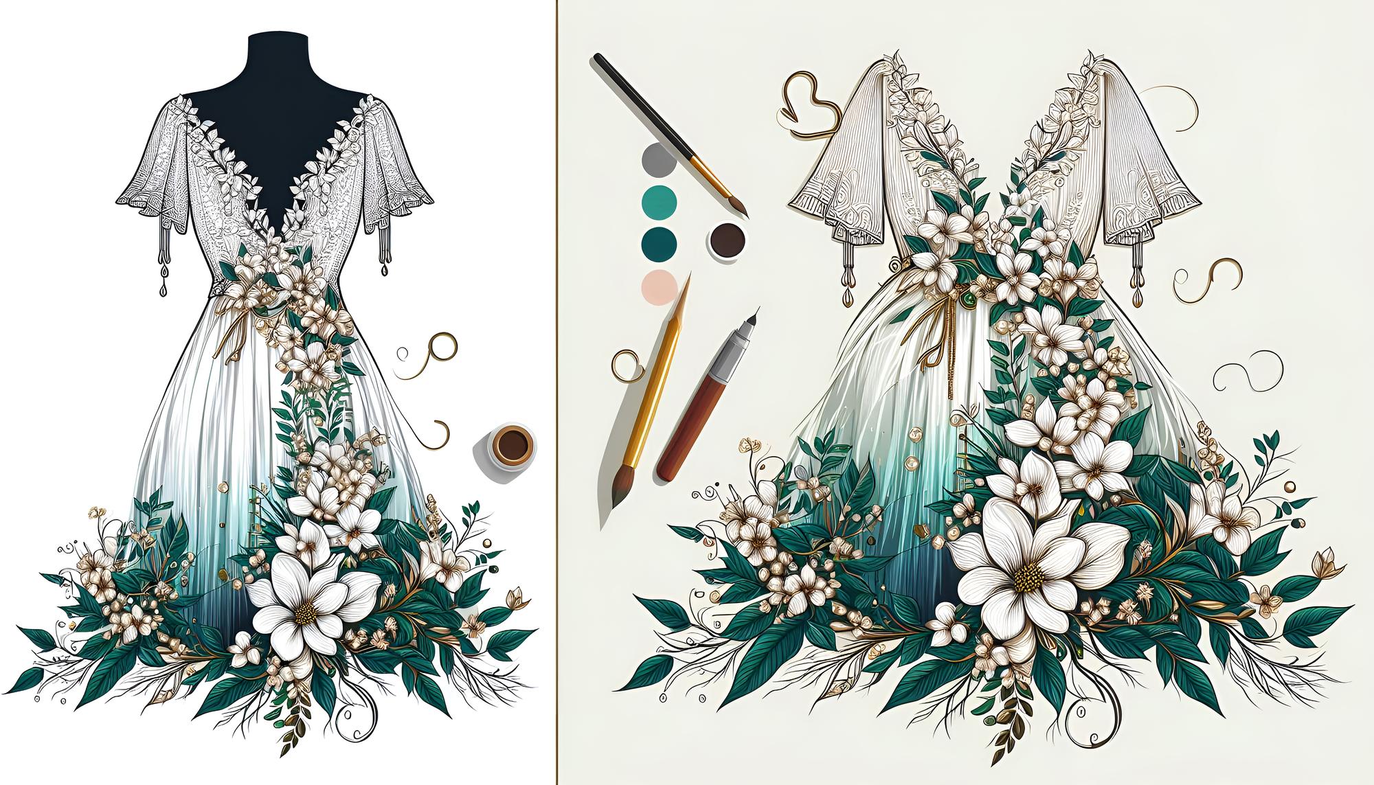 Sketch of floral motif for wedding dress